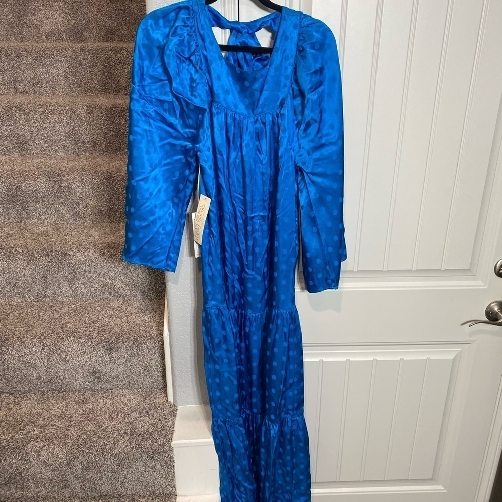 HAPPY NATURE DAYDREAM blue satin maxi dress tiered ruffle polka dot wide sleeve - Picture 4 of 12